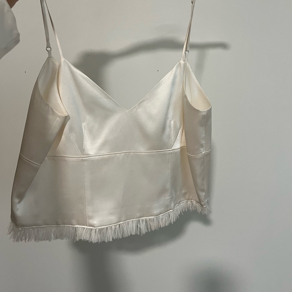 Cinq à Sept Cream Satin Camisole with Fringe